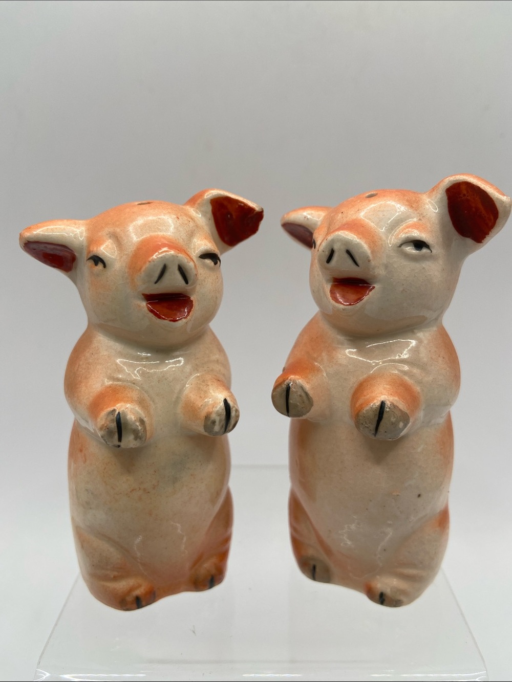 Vintage Hand-Painted Ceramic Standing Piglet Salt & Pepper Shakers Set of 2